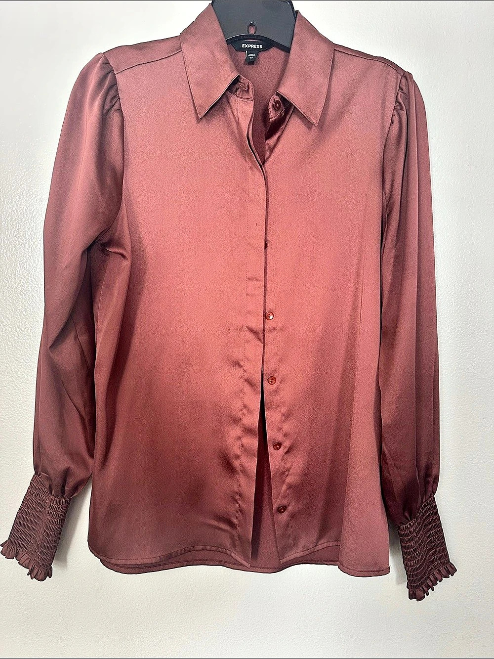 Express Satin Smocked Cuff Long Sleeve Button Down Blouse brownish Button Front